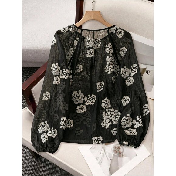 Women's Boho Peasant Blouses Floral Embroidered Tops Summer Sheer Tie Front Flow - Picture 2 of 5
